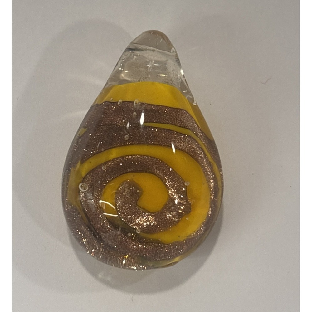 Vintage Murano Style Yellow Gold Aventurine Glass Teardrop Swirl Pendant 1.5"